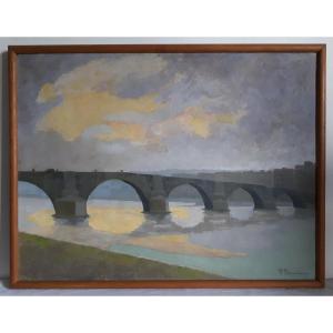 René BRUNNER (né en 1891) - Coucher de soleil sur le pont - crépuscule - huile sur panneau