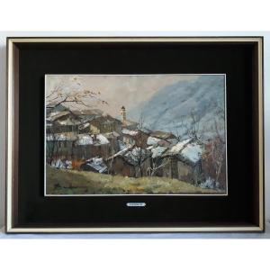 Arturo BONANOMI (1920-2010) Sueglio village Lombardie Italie huile sur panneau