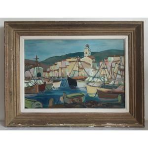 Huile sur panneau marine port de Saint-Tropez H. MATHIEU