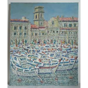 Mario PASSARELLI (né en 1930) port provençal méditerranéen huile sur toile