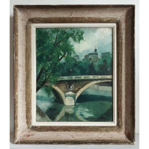 Oil On Canvas View Of Paris Louis-philippe Bridge M. Lafoy