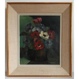 Huile sur toile nature morte aux fleurs anémones M. LAFOY 1949
