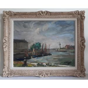 Lucien DUCUING (1896-1958) port de Honfleur phare Normandie huile sur toile
