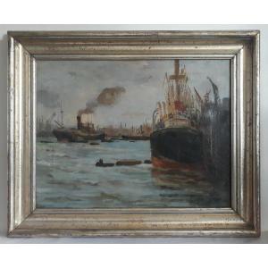 Oskar FREY (1883-1966) port de Hambourg Allemagne marine huile sur toile