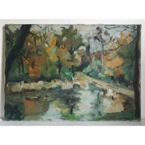 Painting Oil On Canvas Autumnal Lake Landscape