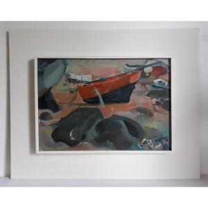 Oil On Panel Marine - Boats At Low Tide - Maillot 1959