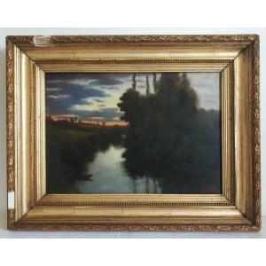 Huile sur bois paysage bords de rivière au crépuscule fin 19ème TRIBOULEZ 1888