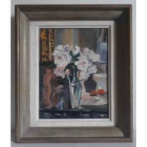 Painting Oil On Wood Still Life Bouquet Of Roses Flowers E. Buguet