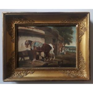 Watercolor Genre Scene Towing Horses And Children 19th