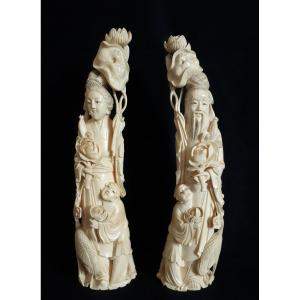 Pair Of Ivory Okimono Couple Asia Late 19th Early 20th