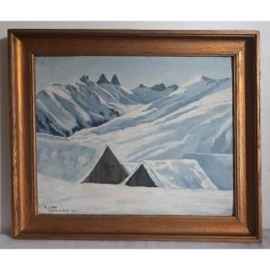 Huile sur panneau E. LAGAT Saint Sorlin d'Arves Alpes Savoie paysage enneigé montagne 1947