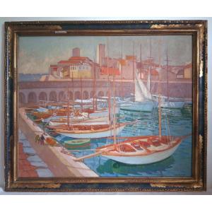 Charles Philippe PERROT (1893-1964) huile sur toile marine port méditerranéen bateaux