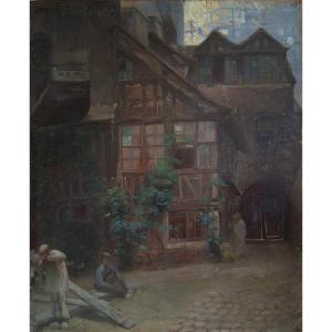 Lucien-paul Pouzargues (1878-1957) The Courtyard Of Albane Rouen Cathedral Oil On Canvas 1902