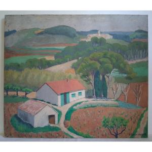 Huile sur toile paysage provençal mas Bernard Farret d'Astiès 1943