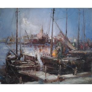 Oil On Canvas Marine Port Sailboats (signed)