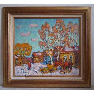Ismiatoula Taktachov (born 1945) Russian School, Snowy Landscape, Village, Oil On Panel