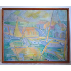 Roger Lagoutte (1921-1984) Oil On Canvas Seascape  Mediterranean Port 1948