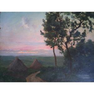 Camille Adrien Paris (1934-1901) Oil On Panel Landscape At Dusk 19th Century