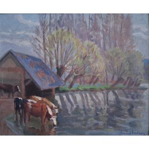Jean Fernand-trochain ​​(1879-1969) Cows Drinking At The River, Oil On Panel