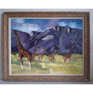Huile sur panneau girafes dans la savane africaine (signé)