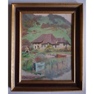 Hippolyte LETY (1878-1959) Portout canal de Savières Savoie huile sur bois