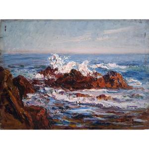 Oil On Wood, Marine Scene, Seaside, Rocky Coast