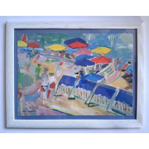 Marguerite Lacroux (1892-1972) Gouache Beach Scene 1960