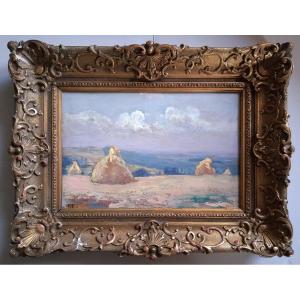 Jean DREVON (1889-1979) huile sur bois paysage meules de foin 1947