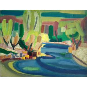 Jean-baptiste Muratore (1915-1977) Oil On Canvas Riverside Landscape