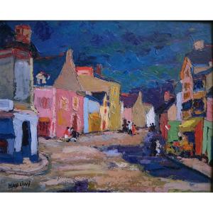 Le Pouliguen Street Scene, Oil On Wood, Maulini, 1958