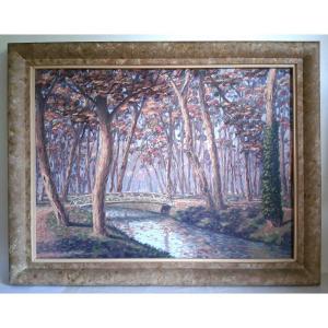 Claude CHAUVIGNAC grande huile sur bois paysage d'automne sous-bois rivière