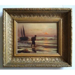 Huile sur bois paysage marin au crépuscule "Retour de pêche" A. Dufour 19ème