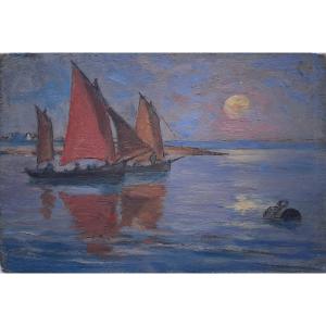 Huile sur panneau marine paysage marin retour de pêche