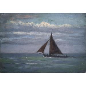 Huile sur panneau marine paysage pêcheurs en mer