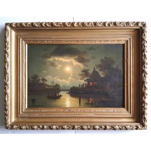 Theodor Generger (1850-1873) Oil On Canvas Seascape By Moonlight 19th Century Holland