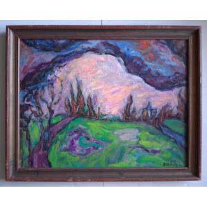 Louise Bonfils (1913-2010) "prairie At Sunset" Oil On Canvas Landscape At Twilight