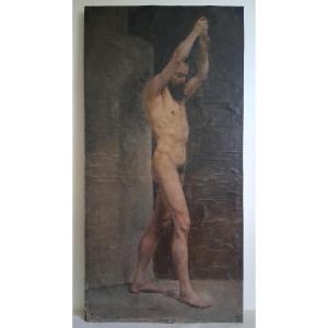Huile sur toile nu masculin debout homme nu 19ème