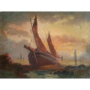 Oil On Canvas Marine Scene Boats At Dusk Late 19th Century