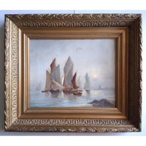 Marie Edouard ADAM (1847-1929) huile sur toile marine bateaux de pêche Normandie 1908