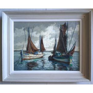 Pierre BOGDANOFF (1888-1967) Douarnenez Bretagne "Thoniers au repos" huile sur toile marine