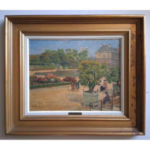 Louis PETIT (1864-1937) Jardin du Luxembourg Paris huile sur bois