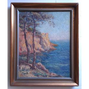 Seascape Le Trayas Saint-raphaël Estérel Massif Cove Oil On Wood R. Tagard