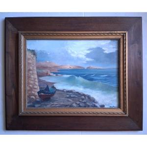 Vue de Malte baie de Saint-Paul - huile sur toile marine (signé)