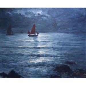 Gabriel DESCHAMPS (1919-2011) "Clair de lune en mer" marine huile sur panneau