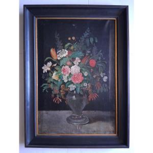 Still Life Bouquet Of Flowers In A Vase Oil On Canvas 19th Century