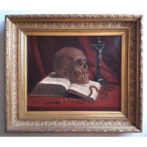 Vanitas Still Life With Skull, Book, Crucifix, And Rosary 19th-century Oil On Canvas