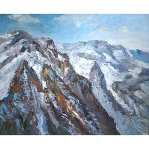 Huile sur bois paysage enneigé montagne Alpes milieu XXème (signé)