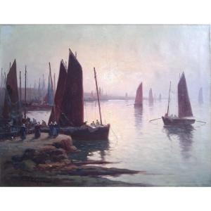 Paul PHILIPPE (1870-1930) huile sur toile marine port retour de pêche au crépuscule Bretagne