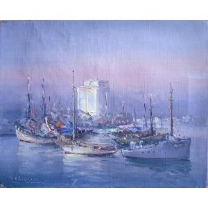 Gabriel AUGIZEAU (1894-1963) Les Sables d'Olonne port au coucher du soleil huile sur toile