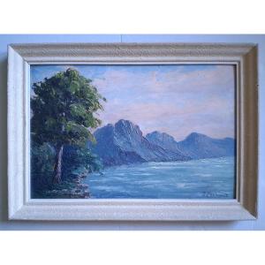 Huile sur panneau paysage de montagne lac J. PERRAUD